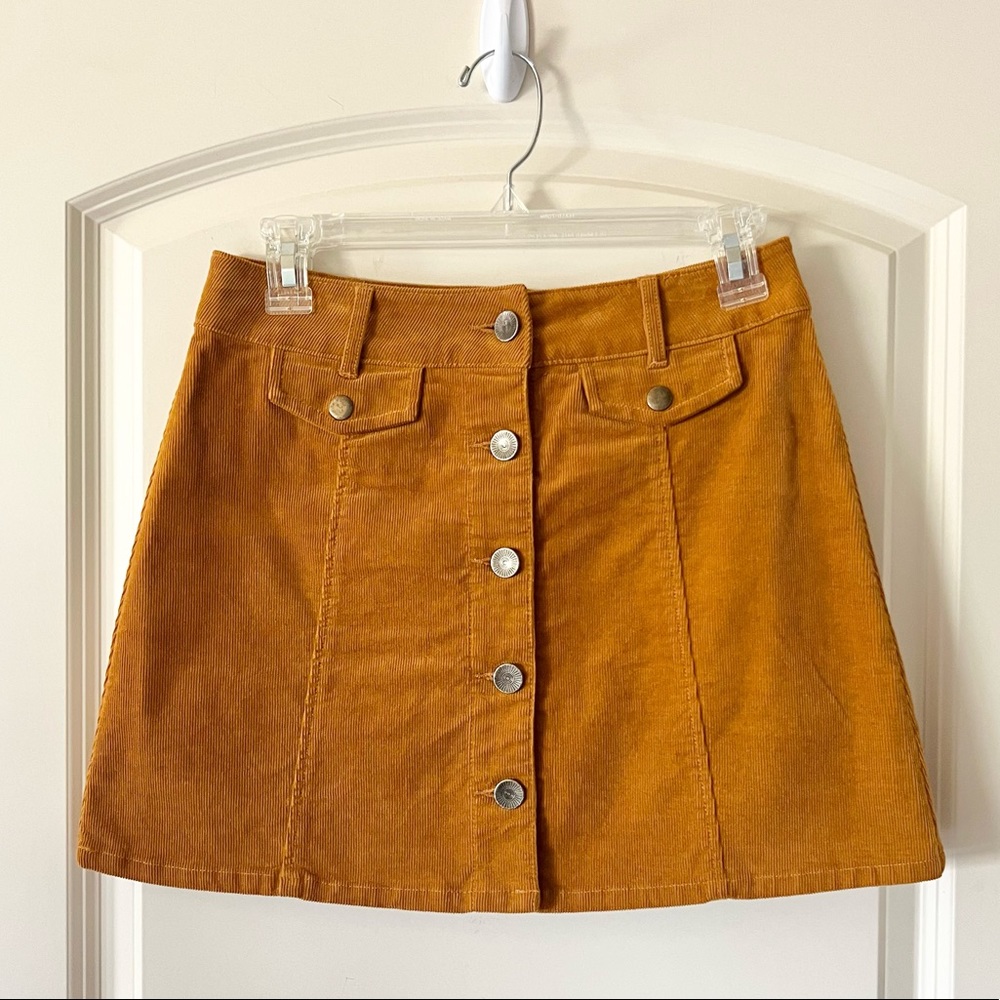 Forever 21 Gold Corduroy Mini Skirt | Retro 70s Button Front A-Line Skirt small